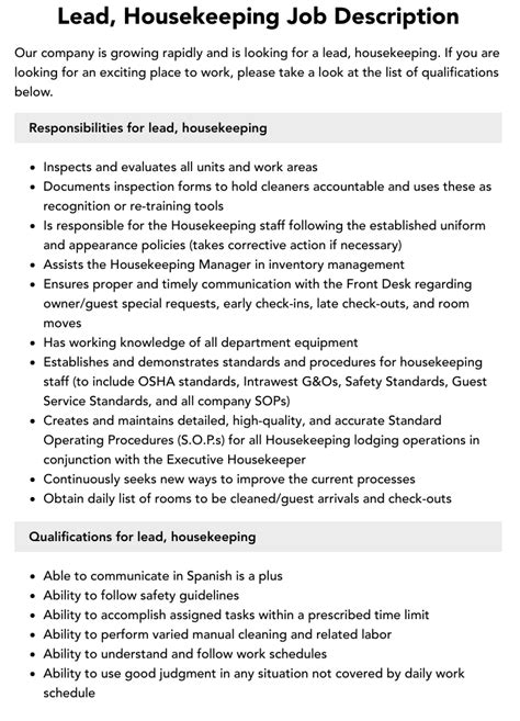 Lead Housekeeper Job Description, Key Duties and Responsibilities.